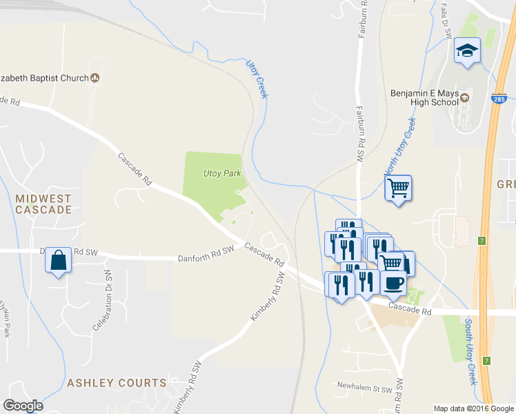 map of restaurants, bars, coffee shops, grocery stores, and more near 195 Beracah Walk Southwest in Atlanta