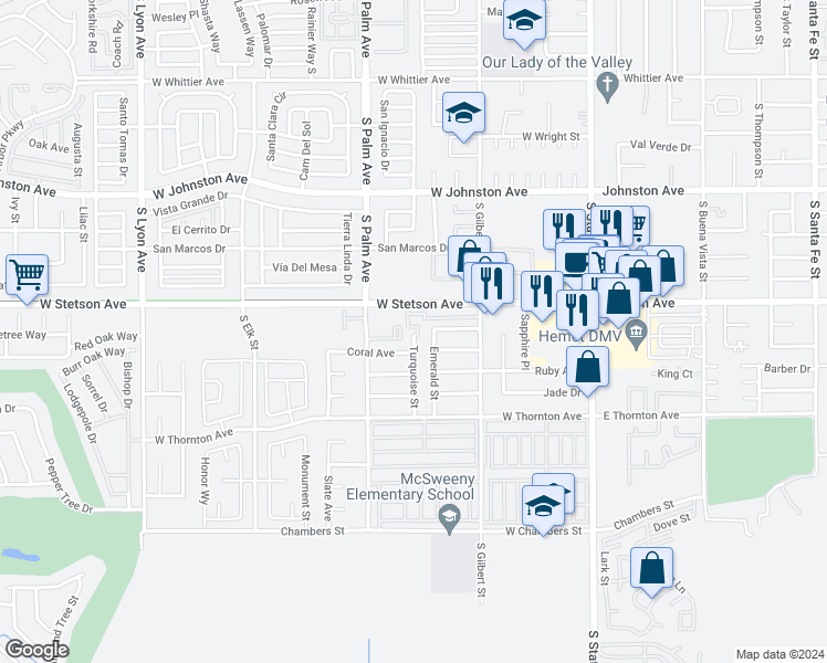 map of restaurants, bars, coffee shops, grocery stores, and more near 1113 Turquoise Street in Hemet