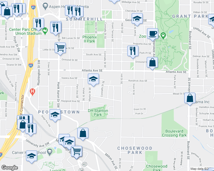 map of restaurants, bars, coffee shops, grocery stores, and more near 216 Tuskegee Street Southeast in Atlanta