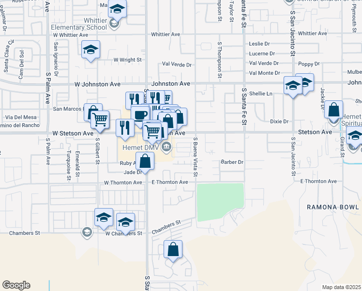 map of restaurants, bars, coffee shops, grocery stores, and more near 375 Magnolia Circle in Hemet