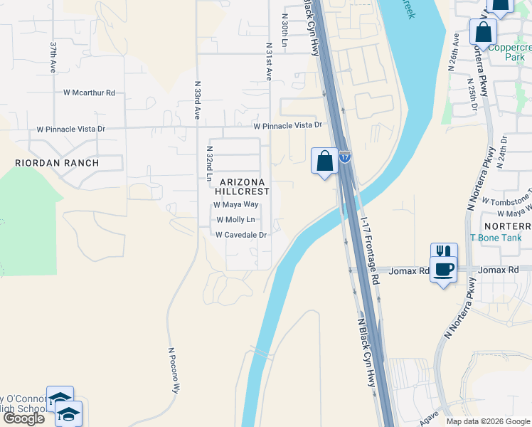 map of restaurants, bars, coffee shops, grocery stores, and more near 3116 West Maya Way in Phoenix
