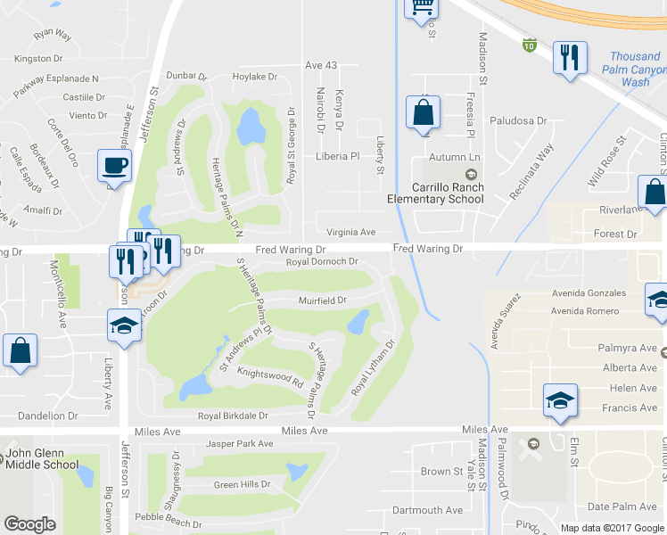 map of restaurants, bars, coffee shops, grocery stores, and more near 80275 Royal Dornoch Drive in Indio