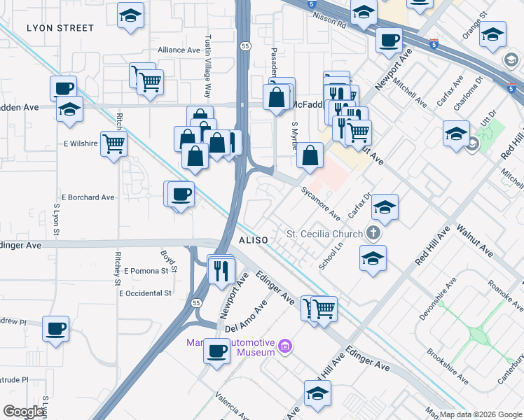 map of restaurants, bars, coffee shops, grocery stores, and more near 14901 Newport Avenue in Tustin
