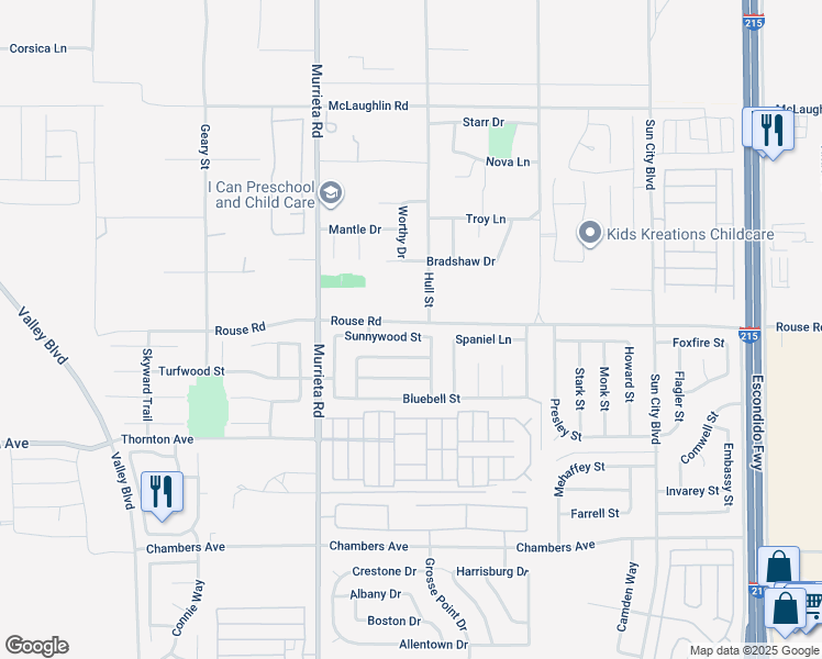 map of restaurants, bars, coffee shops, grocery stores, and more near 26212 Sunnywood Street in Menifee