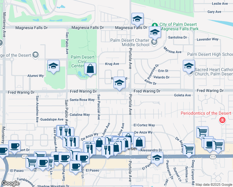 map of restaurants, bars, coffee shops, grocery stores, and more near 73860 Fred Waring Drive in Palm Desert