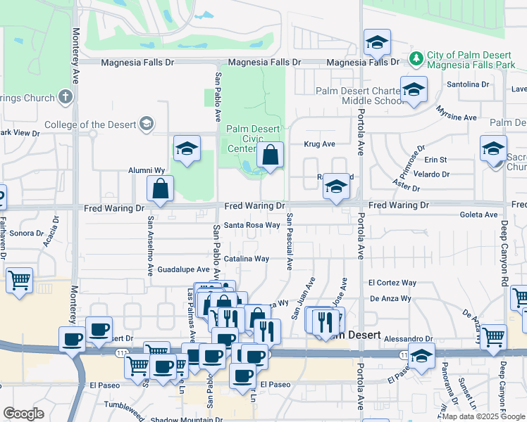 map of restaurants, bars, coffee shops, grocery stores, and more near 73720 Fred Waring Drive in Palm Desert