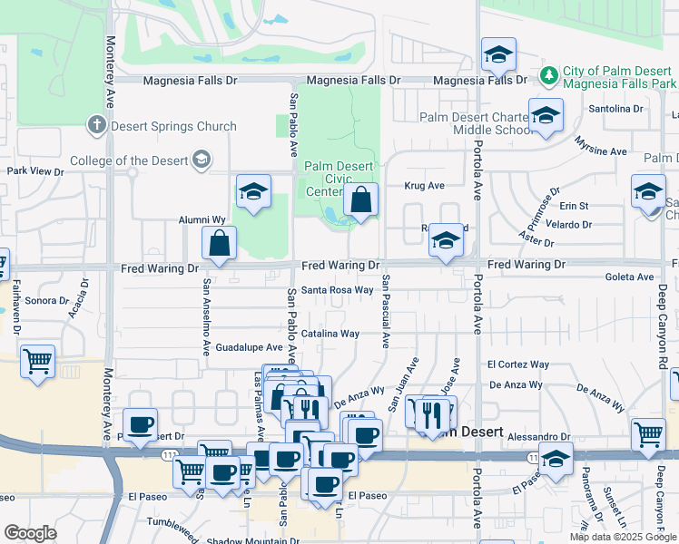 map of restaurants, bars, coffee shops, grocery stores, and more near 73600 Fred Waring Drive in Palm Desert