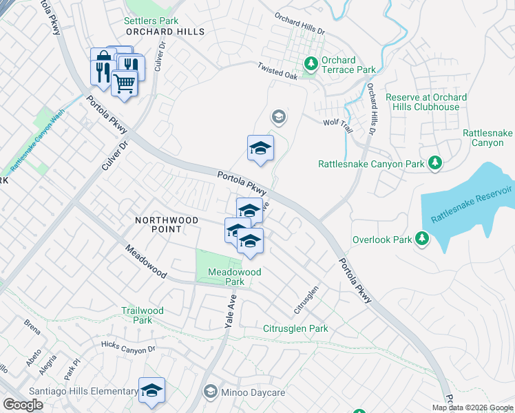 map of restaurants, bars, coffee shops, grocery stores, and more near 1218 Timberwood in Irvine