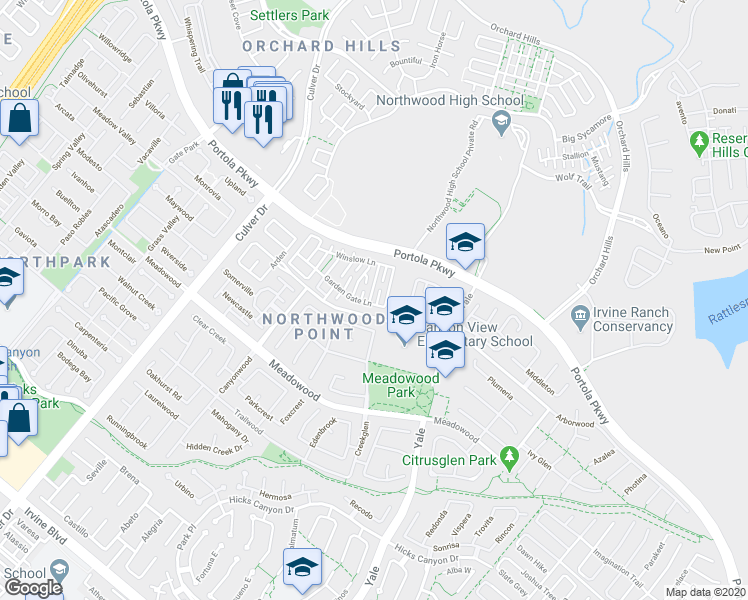 map of restaurants, bars, coffee shops, grocery stores, and more near 55 Essex Lane in Irvine