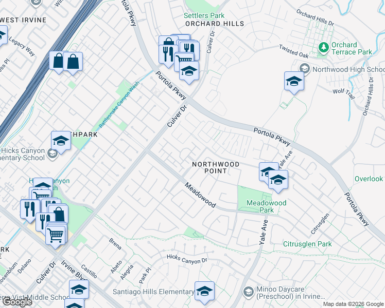 map of restaurants, bars, coffee shops, grocery stores, and more near 115 Shadywood in Irvine