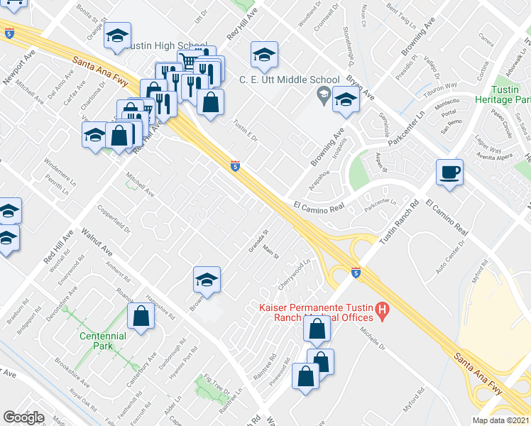 map of restaurants, bars, coffee shops, grocery stores, and more near 14031 Pinebrook Drive in Tustin