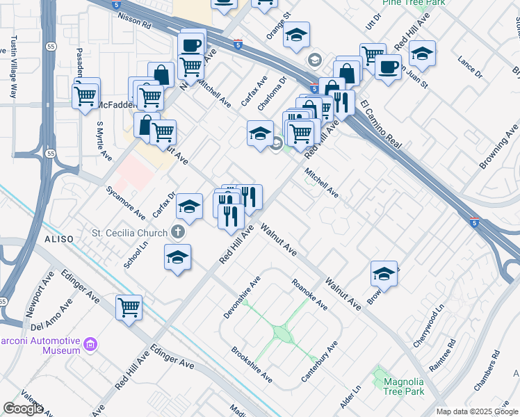 map of restaurants, bars, coffee shops, grocery stores, and more near 14406 Red Hill Avenue in Tustin