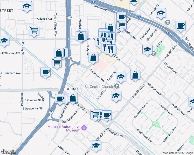map of restaurants, bars, coffee shops, grocery stores, and more near 14802 Sycamore Avenue in Tustin