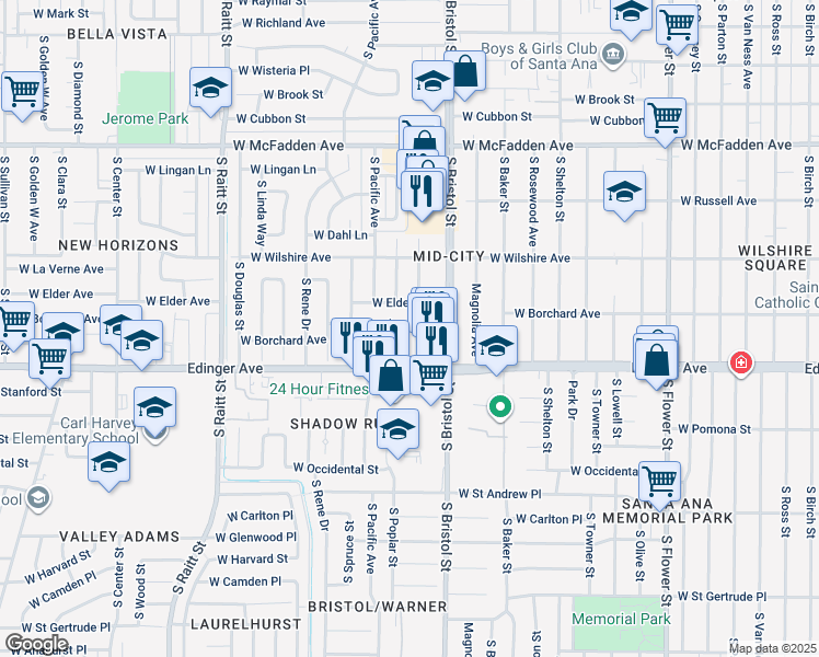 map of restaurants, bars, coffee shops, grocery stores, and more near 1401 West Borchard Avenue in Santa Ana