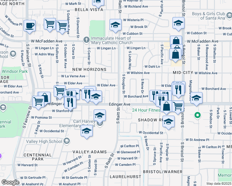 map of restaurants, bars, coffee shops, grocery stores, and more near 1340 South Douglas Street in Santa Ana