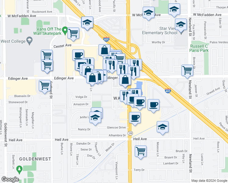 map of restaurants, bars, coffee shops, grocery stores, and more near 7861 Aldrich Drive in Huntington Beach