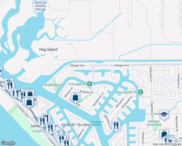 map of restaurants, bars, coffee shops, grocery stores, and more near 3636 Bravata Drive in Huntington Beach