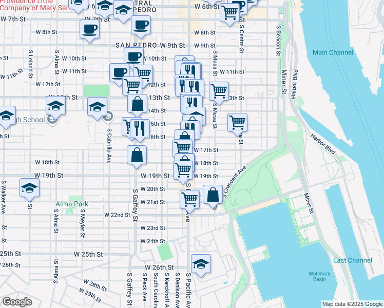map of restaurants, bars, coffee shops, grocery stores, and more near 458 West 17th Street in Los Angeles