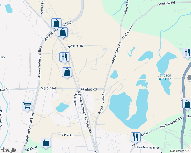 map of restaurants, bars, coffee shops, grocery stores, and more near 2145 Rogers Lake Road in Lithonia