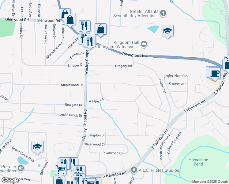 map of restaurants, bars, coffee shops, grocery stores, and more near 2075 John Wesley Court in Decatur