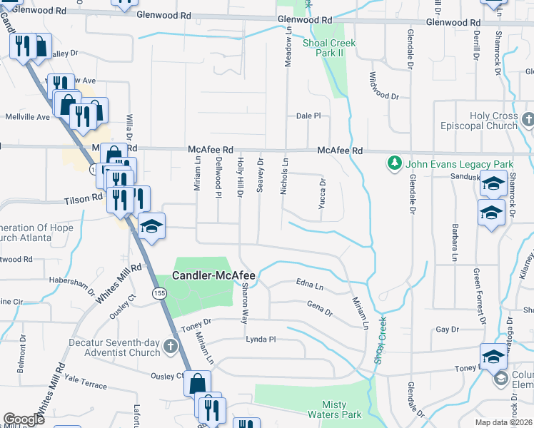 map of restaurants, bars, coffee shops, grocery stores, and more near 2087 Nichols Lane in Decatur