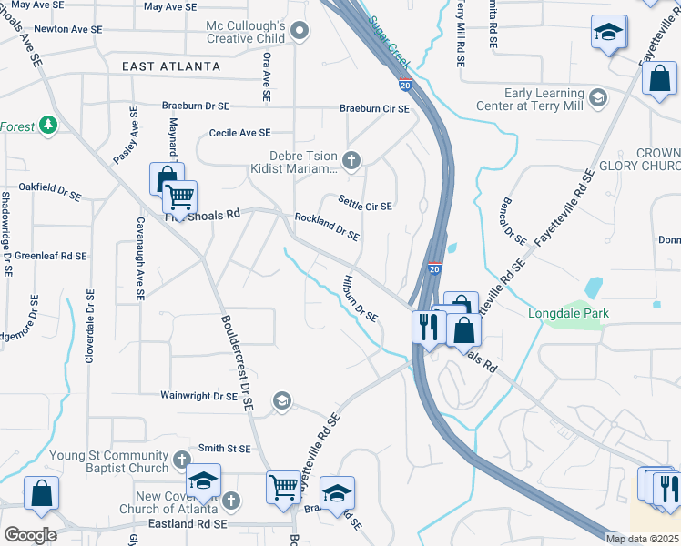 map of restaurants, bars, coffee shops, grocery stores, and more near 1833 Flat Shoals Road Southeast in Atlanta