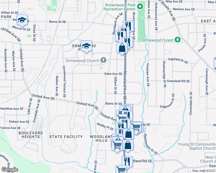 map of restaurants, bars, coffee shops, grocery stores, and more near 952 Woodland Avenue Southeast in Atlanta