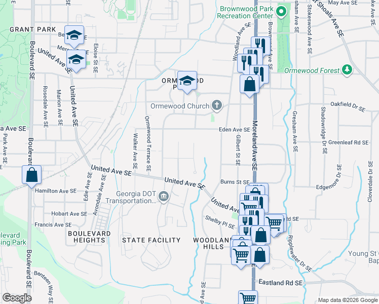map of restaurants, bars, coffee shops, grocery stores, and more near 934 Alloway Place Southeast in Atlanta