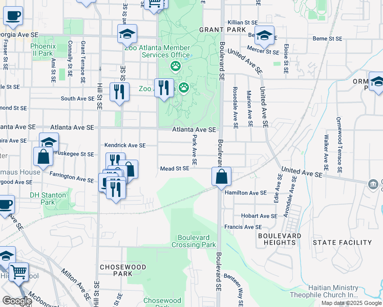 map of restaurants, bars, coffee shops, grocery stores, and more near 949 Park Avenue Southeast in Atlanta
