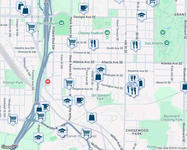 map of restaurants, bars, coffee shops, grocery stores, and more near 952 Violet Street Southeast in Atlanta