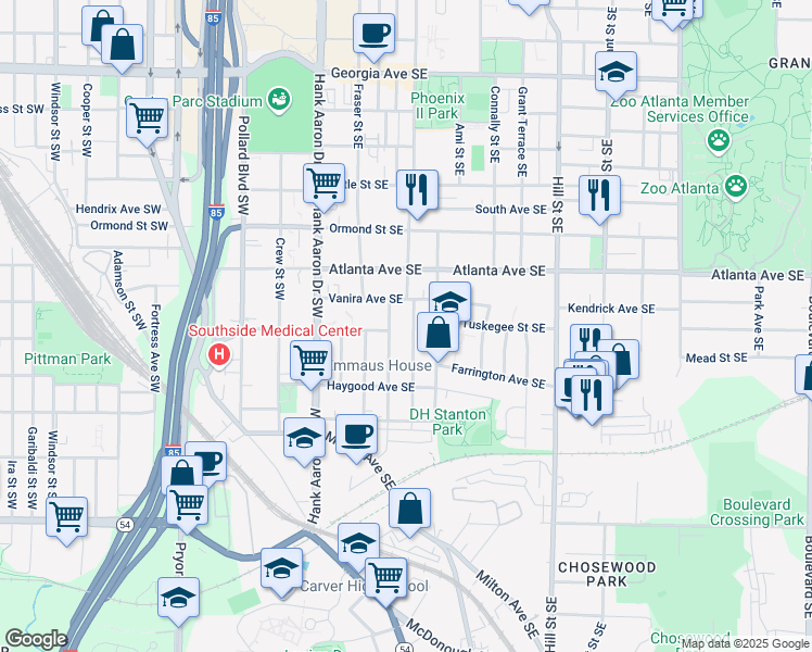 map of restaurants, bars, coffee shops, grocery stores, and more near 951 Violet Street Southeast in Atlanta
