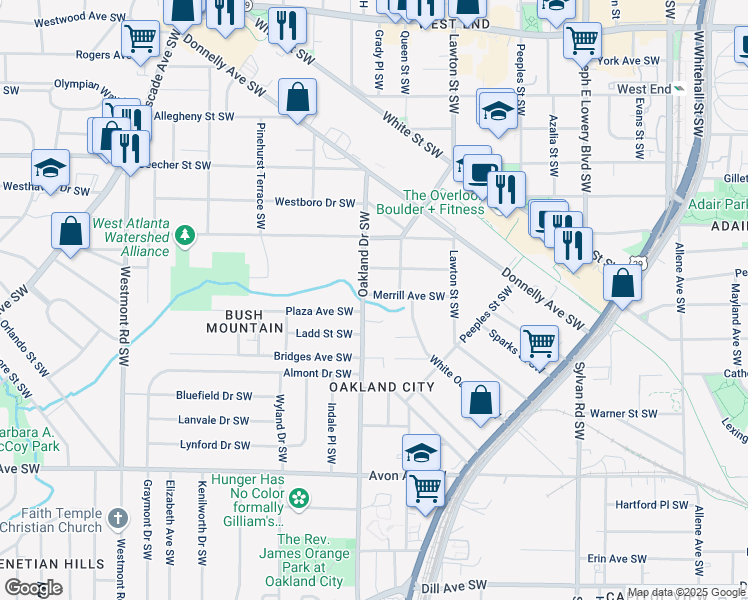 map of restaurants, bars, coffee shops, grocery stores, and more near 950 Oakland Drive Southwest in Atlanta