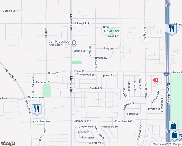map of restaurants, bars, coffee shops, grocery stores, and more near 26204 Sunnywood Street in Menifee