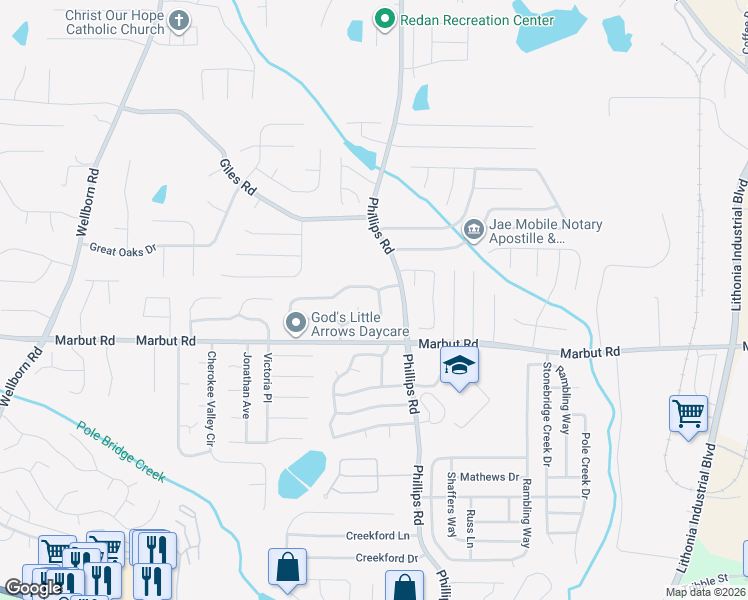 map of restaurants, bars, coffee shops, grocery stores, and more near 2039 Corners Circle in Lithonia