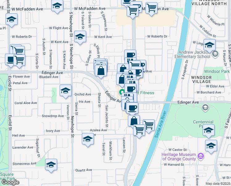 map of restaurants, bars, coffee shops, grocery stores, and more near 16131 Mount Kenya Court in Fountain Valley