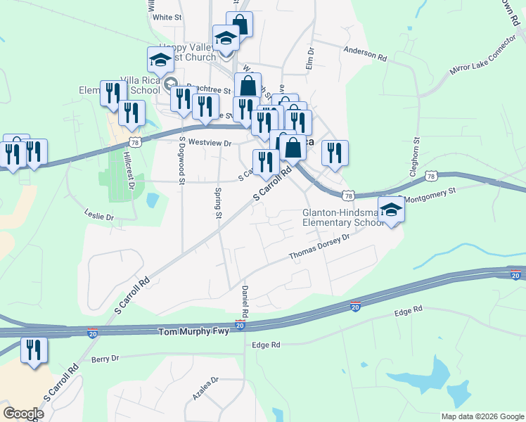map of restaurants, bars, coffee shops, grocery stores, and more near 228 South Carroll Road in Villa Rica