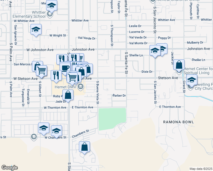 map of restaurants, bars, coffee shops, grocery stores, and more near 621 Vista De Loma in Hemet