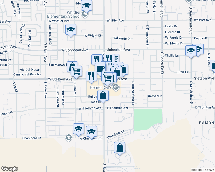 map of restaurants, bars, coffee shops, grocery stores, and more near 115 East Stetson Avenue in Hemet