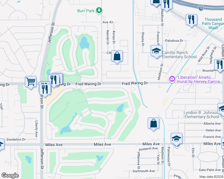 map of restaurants, bars, coffee shops, grocery stores, and more near 80275 Royal Dornoch Drive in Indio