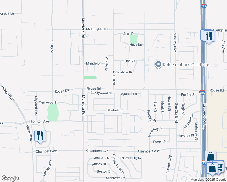 map of restaurants, bars, coffee shops, grocery stores, and more near 26256 Sunnywood Street in Menifee
