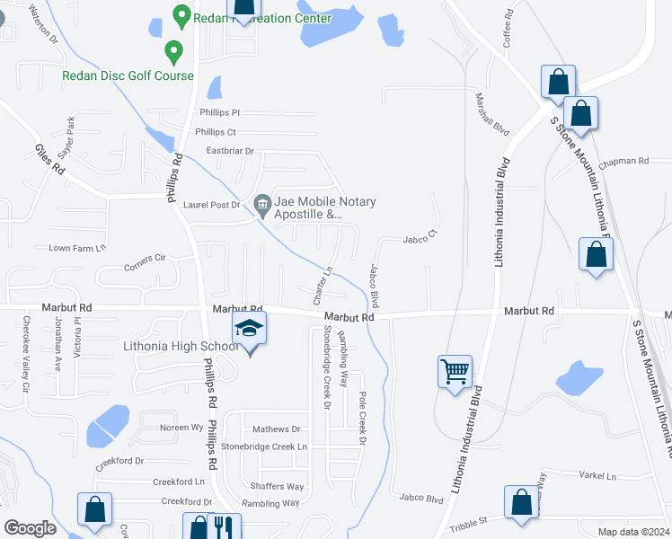 map of restaurants, bars, coffee shops, grocery stores, and more near 2064 Charter Lane in Lithonia