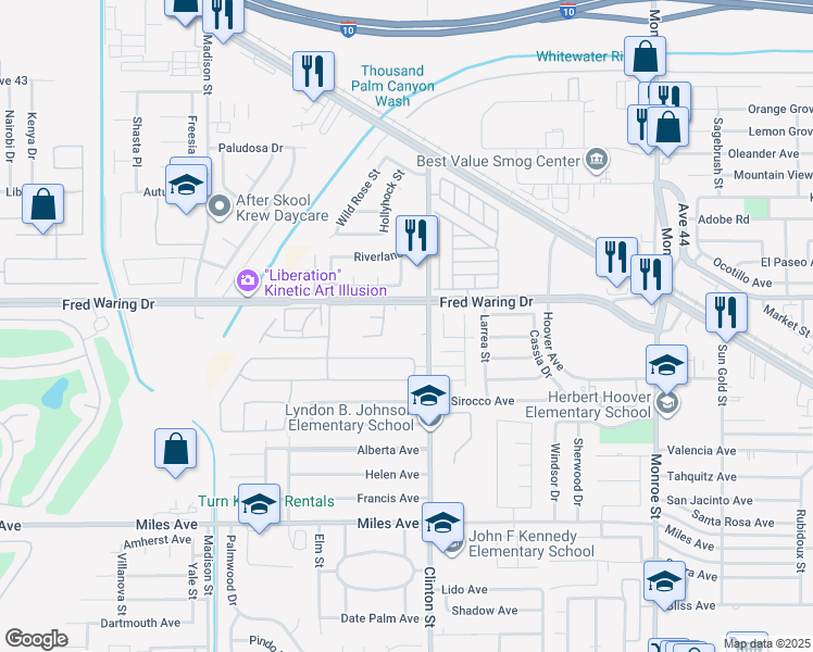 map of restaurants, bars, coffee shops, grocery stores, and more near 44071 Clinton Street in Indio
