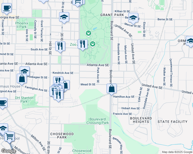 map of restaurants, bars, coffee shops, grocery stores, and more near 949 Park Avenue Southeast in Atlanta