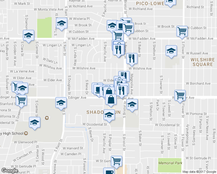 map of restaurants, bars, coffee shops, grocery stores, and more near 1402 South Poplar Street in Santa Ana