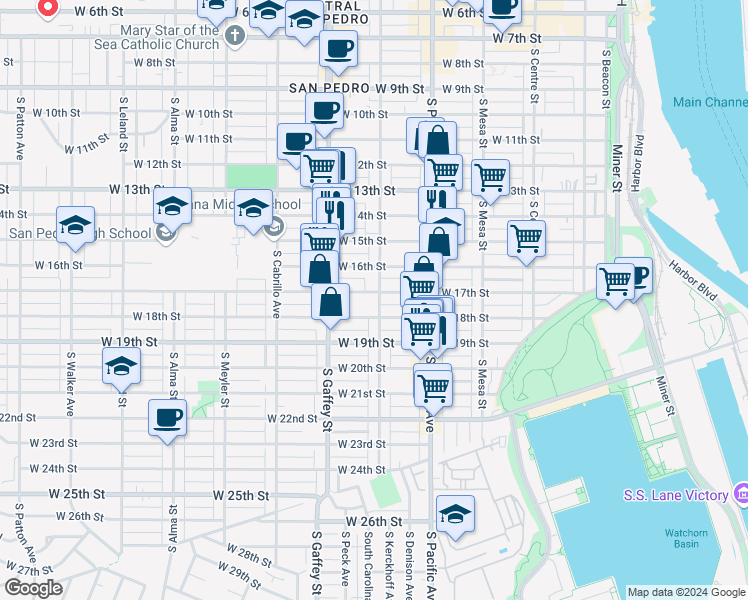 map of restaurants, bars, coffee shops, grocery stores, and more near 1711 South Grand Avenue in Los Angeles
