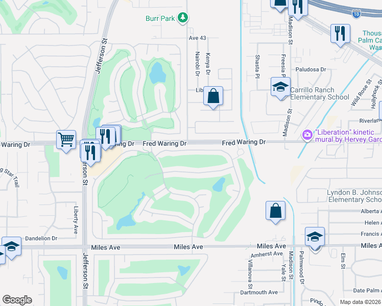 map of restaurants, bars, coffee shops, grocery stores, and more near 80261 Royal Dornoch Drive in Indio