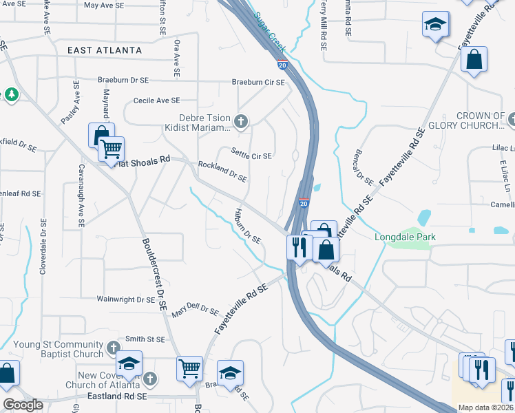 map of restaurants, bars, coffee shops, grocery stores, and more near 1848 Flat Shoals Road Southeast in Atlanta