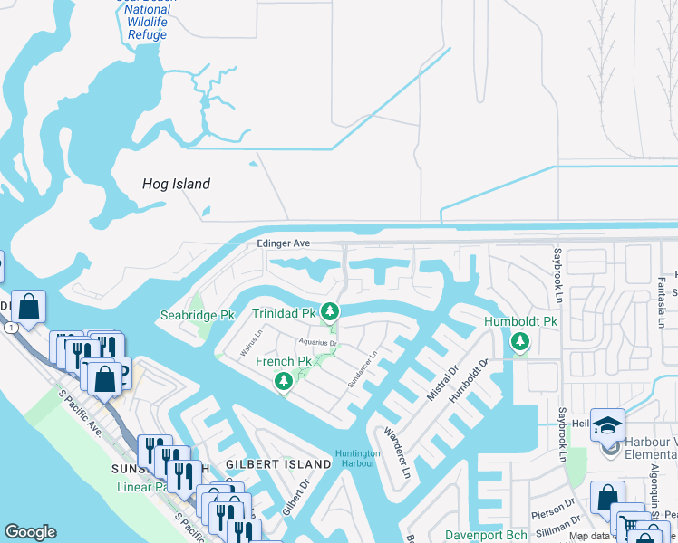 map of restaurants, bars, coffee shops, grocery stores, and more near 3631 Windspun Drive in Huntington Beach
