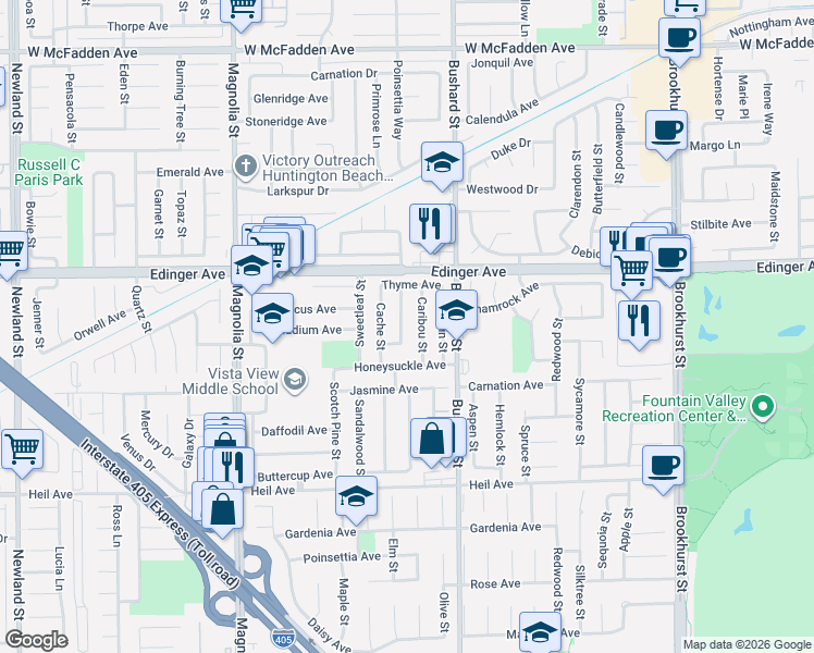 map of restaurants, bars, coffee shops, grocery stores, and more near 16126 Challis Street in Fountain Valley