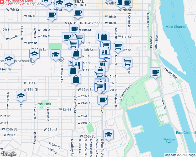 map of restaurants, bars, coffee shops, grocery stores, and more near 524 West 17th Street in Los Angeles